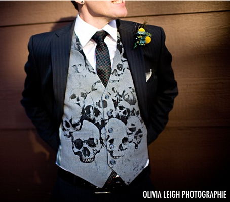 ben skull vest - Kale bouquet, skull vest, and red boots at this Chicago wedding ben-skull-vest