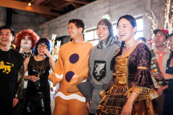 guests in costume - A costume wedding with winged shoes, fist bumps, and an Indiana Jones groom guests in costume