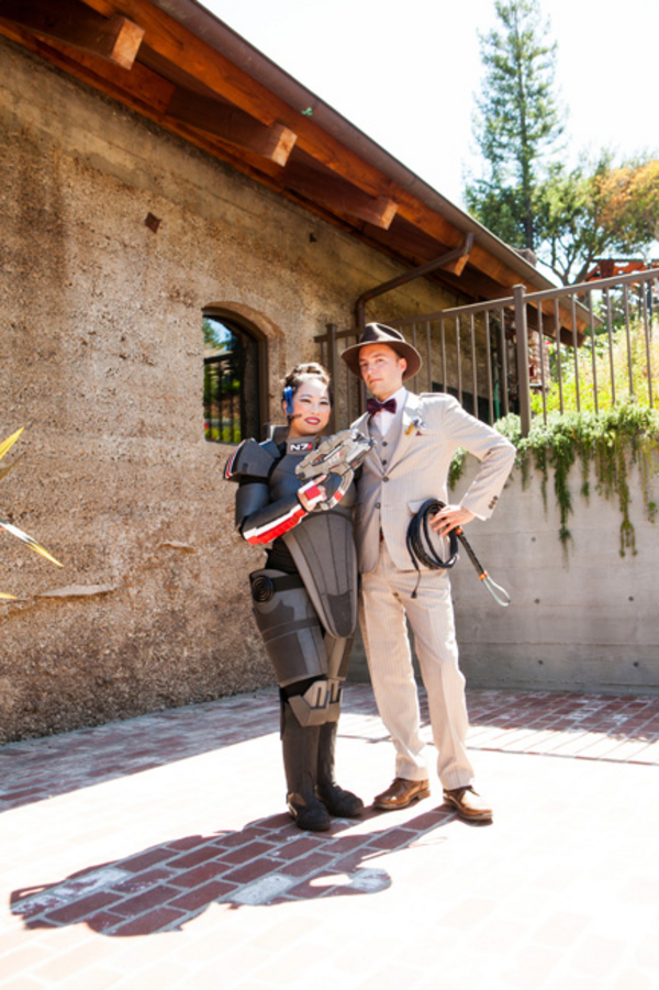 robot costume at wedding - A costume wedding with winged shoes, fist bumps, and an Indiana Jones groom robot costume at wedding