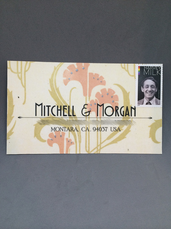 The RSVPs (each one has a different pattern), and we wanted to have the Harvey Milk stamp to celebrate the LBGT wedding equal rights.