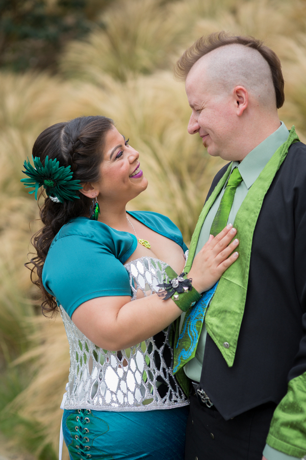 A mirrored corset at this teal and tentacles wedding