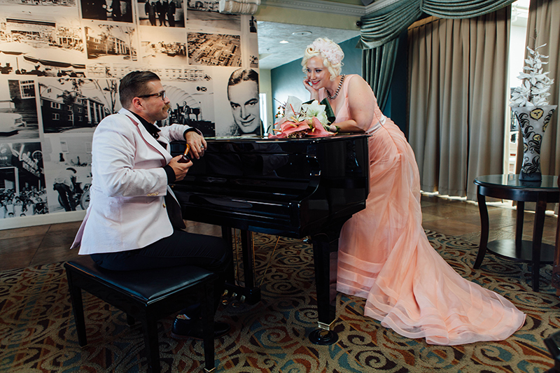 Flamingo-themed pool party wedding as seen on @offbeatbride