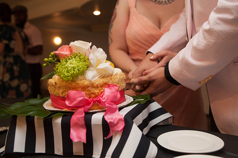 Flamingo-themed pool party wedding as seen on @offbeatbride