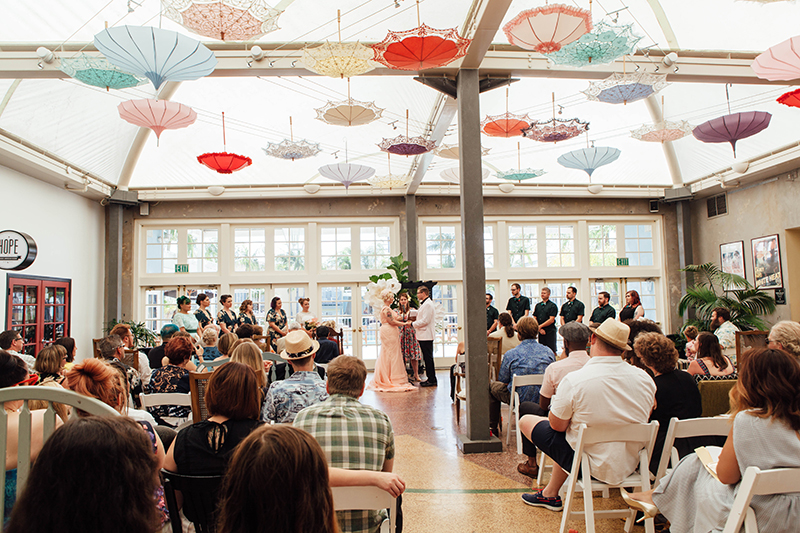 Flamingo-themed pool party wedding as seen on @offbeatbride