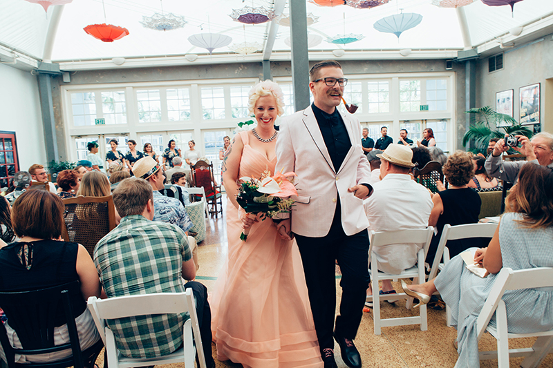 Flamingo-themed pool party wedding as seen on @offbeatbride