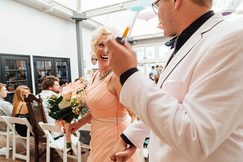 Flamingo-themed pool party wedding as seen on @offbeatbride
