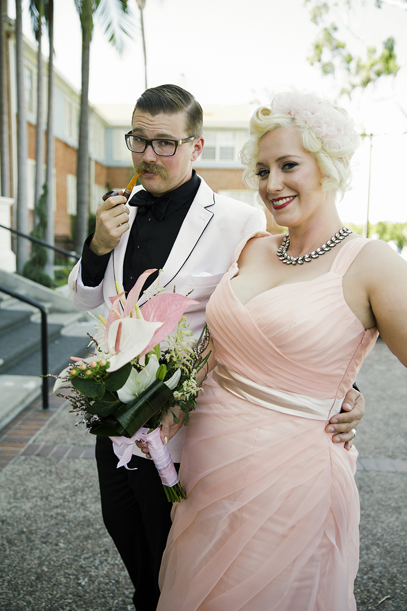 Flamingo-themed pool party wedding as seen on @offbeatbride