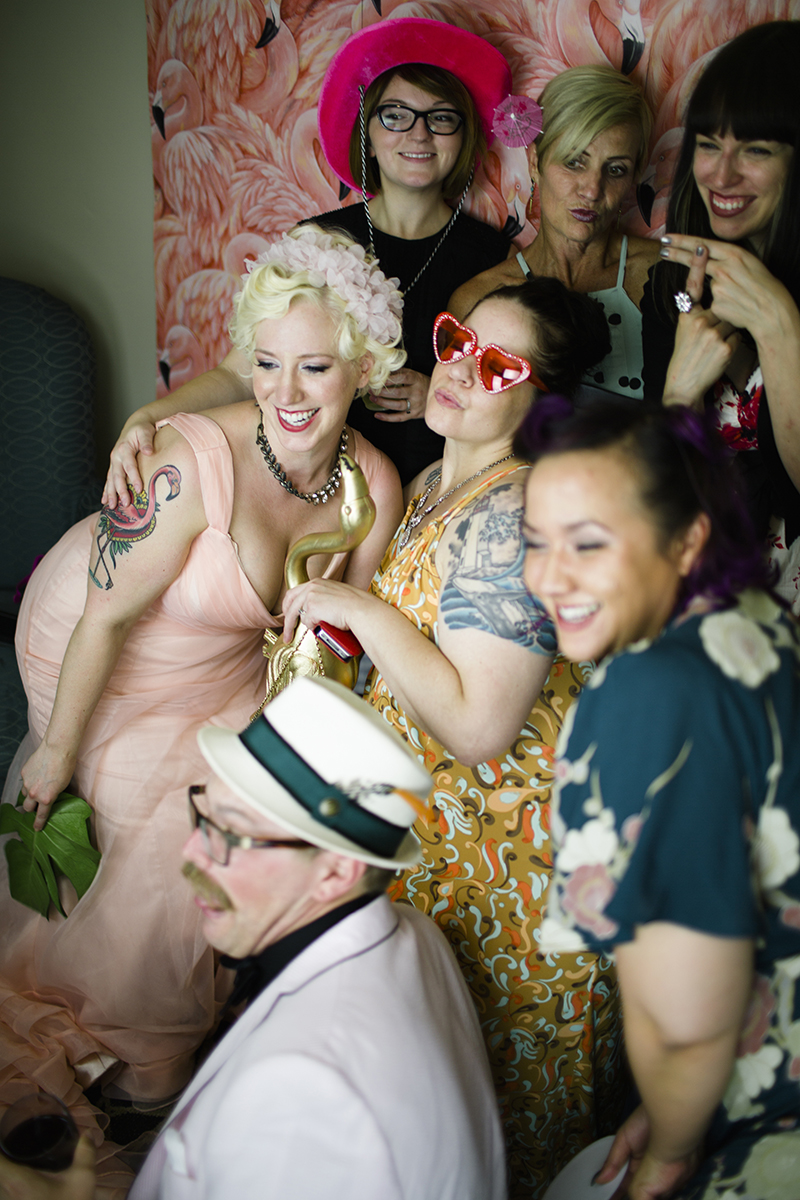 Flamingo-themed pool party wedding as seen on @offbeatbride