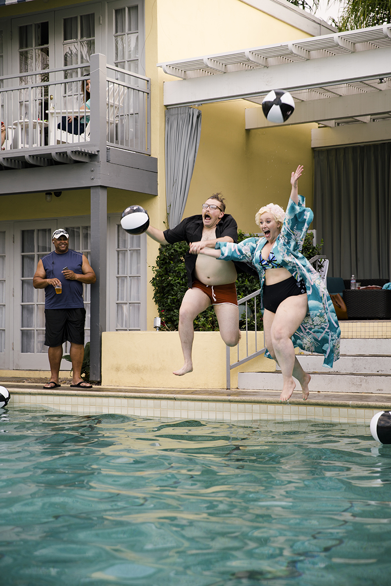 Flamingo-themed pool party wedding as seen on @offbeatbride