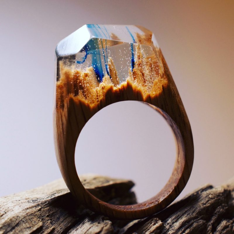 These wooden rings contain whole tiny worlds -- as seen on @offbeatbride #wooden #rings #engagementring