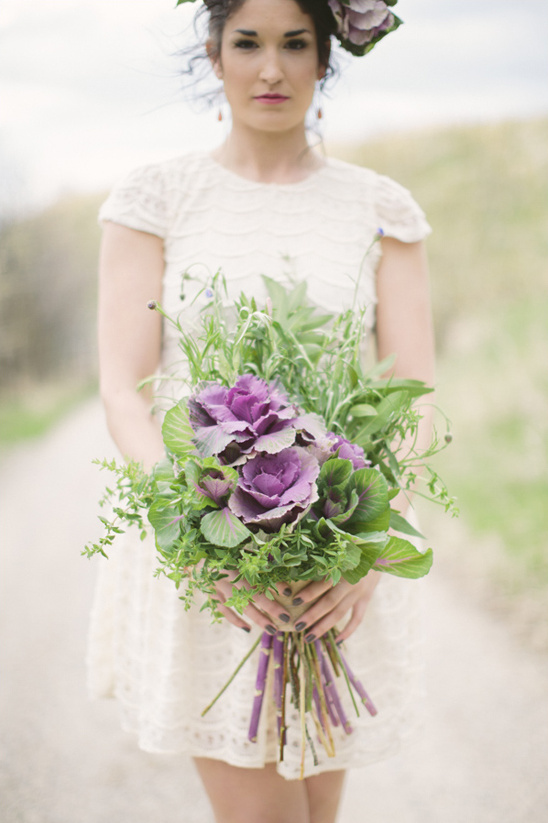 Hand-tied kale bouquet from WeddingChicks.com and Cluney Photo
