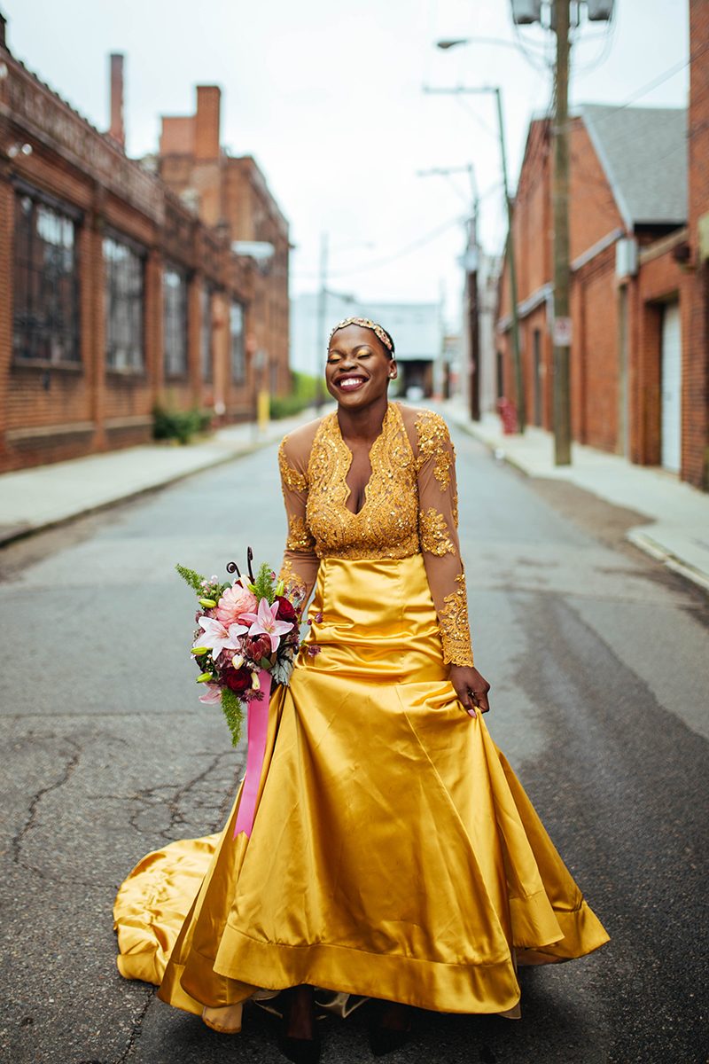 Don't miss the stunning yellow gown at this industrial shoot