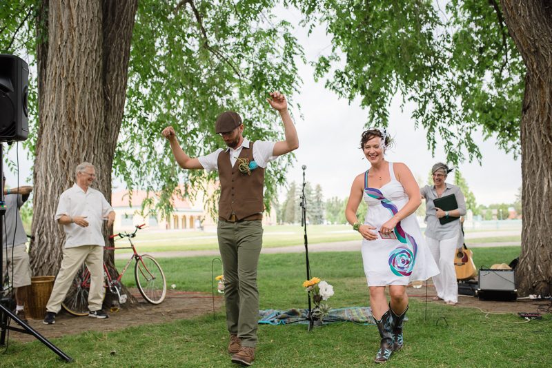 Be wowed by this eccentric Denver wedding with costumes, singing, and a "first lap"