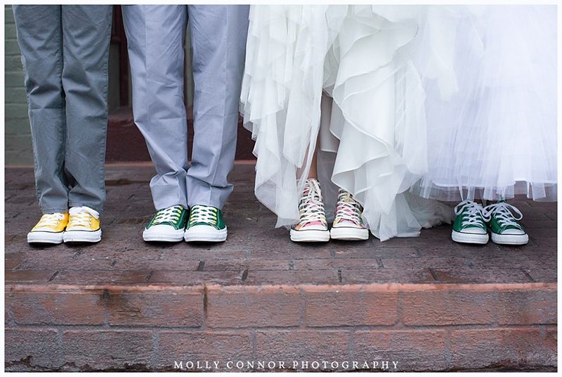 Rain falls like love at this "mutual weirdness" citrus colored wedding