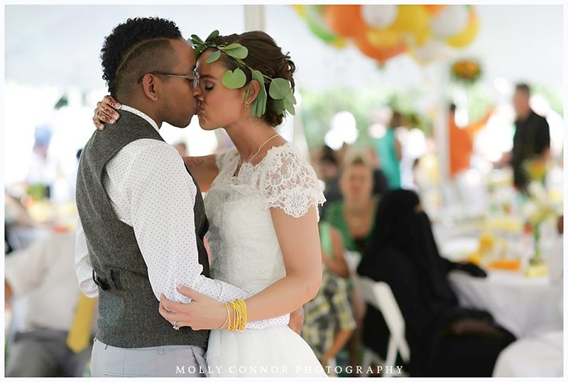 Rain falls like love at this "mutual weirdness" bright colored wedding