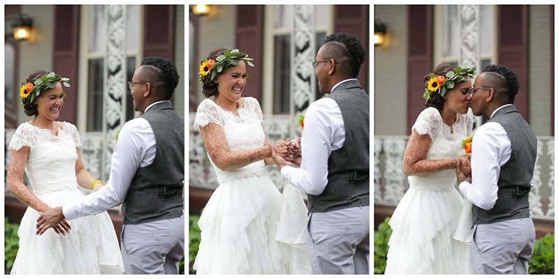 Rain falls like love at this "mutual weirdness" citrus colored wedding