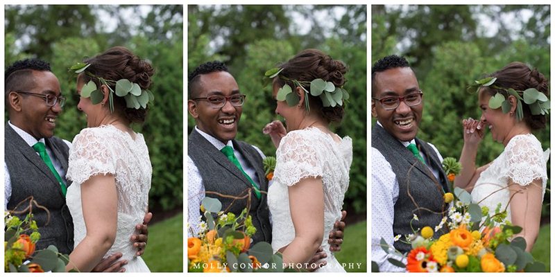 Rain falls like love at this "mutual weirdness" citrus colored wedding