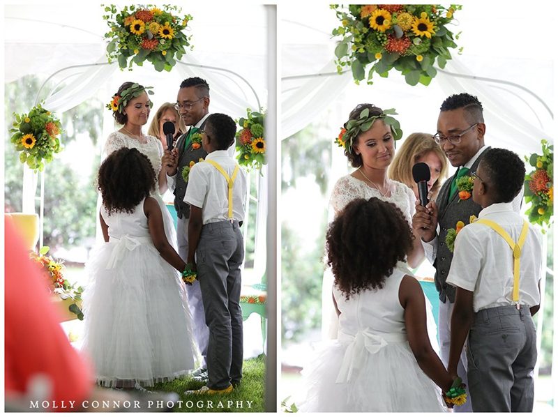 Rain falls like love at this "mutual weirdness" citrus colored wedding