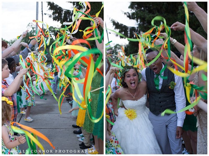 Rain falls like love at this "mutual weirdness" bright colored wedding