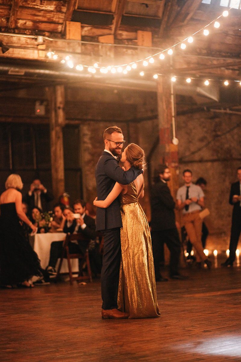 A gold dress with karaoke, and tacos all wrapped up in fairy lights