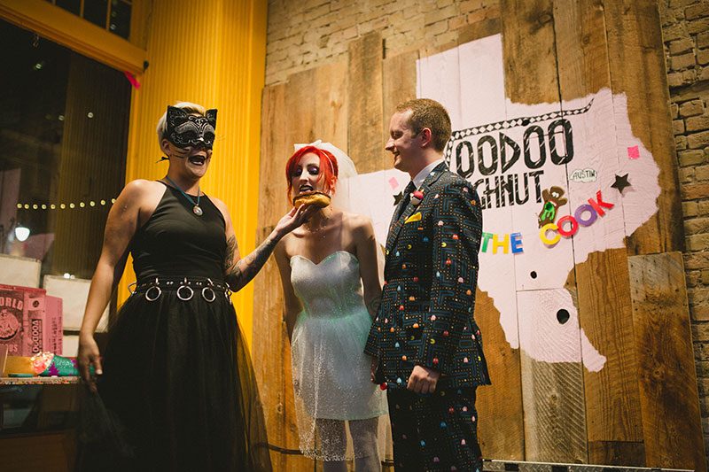 Cotton candy, smoke bombs, and LED outfits shine at this wonderfully weird Austin wedding