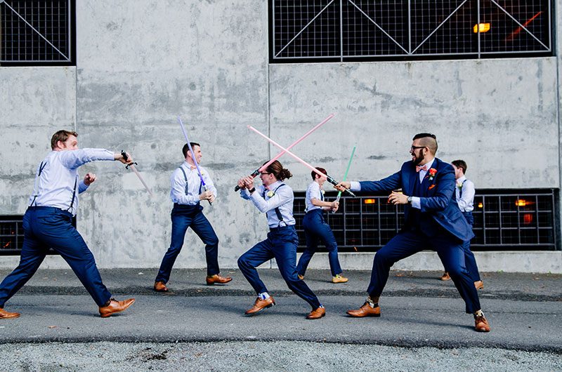 Epic battles and rainbow bubbles at this lightsaber wedding in Seattle