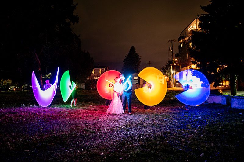 Epic battles and rainbow bubbles at this space wedding