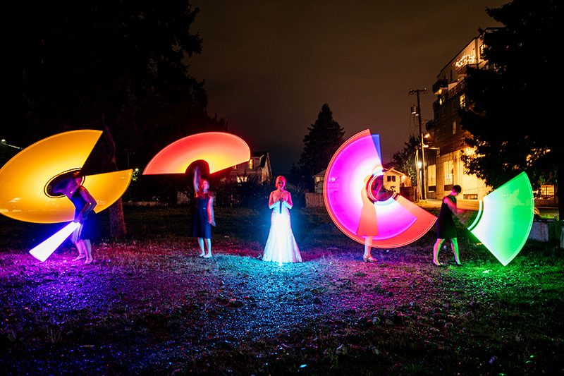 Epic battles and rainbow bubbles at this space wedding