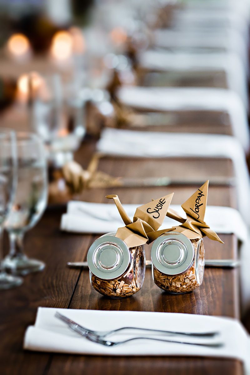 Intimate, rustic DIY fall wedding celebration with red-dressed bride