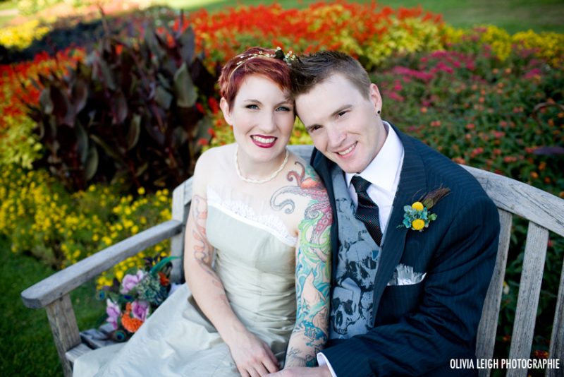 samben6 - Kale bouquet, skull vest, and red boots at this Chicago wedding samben6