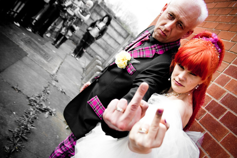 Claire & Glyn’s pink-tartan punk-rock wedding