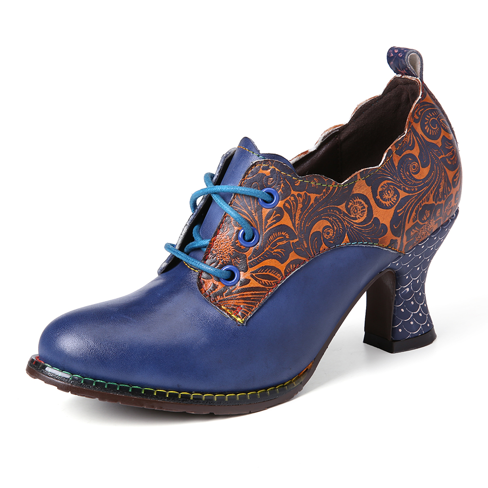 SOCOFY Retro Wave Shoe Mouth Flower Pattern Genuine Leather High Heel Pumps