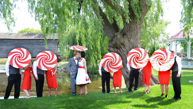 rainbow stripe umbrellas - Ann & Eric's Detroit lovefest with old timey revelry rainbow stripe umbrellas