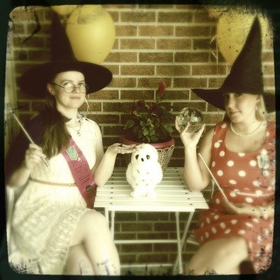 Bride and MOH with Hedwig - How to throw a Harry Potter bridal shower without making look like a kid's birthday party Bride and MOH with Hedwig