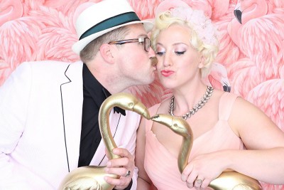 Flamingo-themed pool party wedding as seen on @offbeatbride