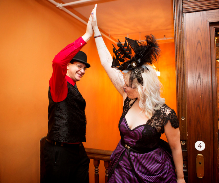 A goth history nerd wedding with Cthulhu, Beetlejuice, and a headpiece to die for