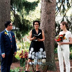 15 1 - Riley and Anei's Wisconsin backyard wedding This bridal pantsuit is SO worthy of adoration