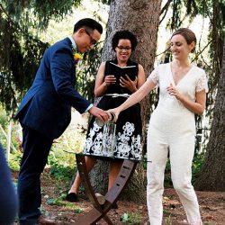 18 1 - Riley and Anei's Wisconsin backyard wedding This wedding pantsuit is SO worthy of adoration