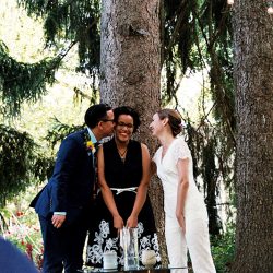 19 1 - Riley and Anei's Wisconsin backyard wedding This wedding pantsuit is SO worthy of adoration