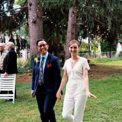 21 - Riley and Anei's Wisconsin backyard wedding This bridal pantsuit is SO worthy of adoration
