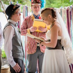 OBB1 0042 - A steampunk circus wedding with corsets, ringleaders, and the best flower girl you'll see today Awesome steampunk circus wedding as seen on @offbeatbride