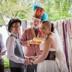 OBB1 0043 - A steampunk circus wedding with corsets, ringleaders, and the best flower girl you'll see today Awesome steampunk circus wedding as seen on @offbeatbride