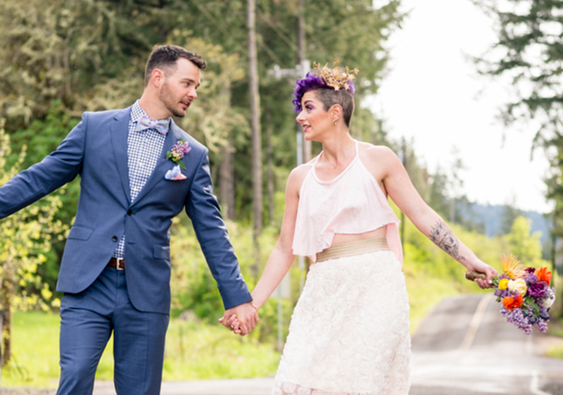 Gold crowns, purple hair, and tears galore at this Oregon schoolhouse wedding