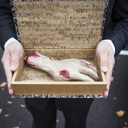 A gas mask--erade wedding fit for the impending zombie apocalypse