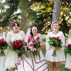 woodwedding bridalpartyfamily 32 32149023791 o - This laid-back wedding had bridesmaids in white and a BEETLEJUICE officiant This laid-back wedding had a wedding party in white and BEETLEJUICE