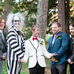 woodwedding bridalpartyfamily 88 32119038072 o - This laid-back wedding had bridesmaids in white and a BEETLEJUICE officiant This laid-back wedding had a wedding party in white and BEETLEJUICE