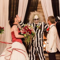 woodwedding ceremony 94 32119037012 o - This laid-back wedding had bridesmaids in white and a BEETLEJUICE officiant This laid-back wedding had a wedding party in white and BEETLEJUICE