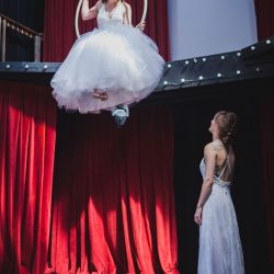 Trapeze, tulle, and two ladies at a gorgeous Seattle wedding