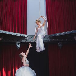 Trapeze, tulle, and two ladies at a stunning Seattle wedding