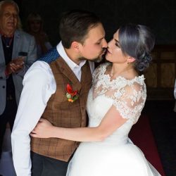 Offbeat Bride 3623 - A blue-haired bride and bearded bassist let us bask in their darkly elegant wedding A blue-haired bride and bearded bassist let us bask in their darkly elegant wedding